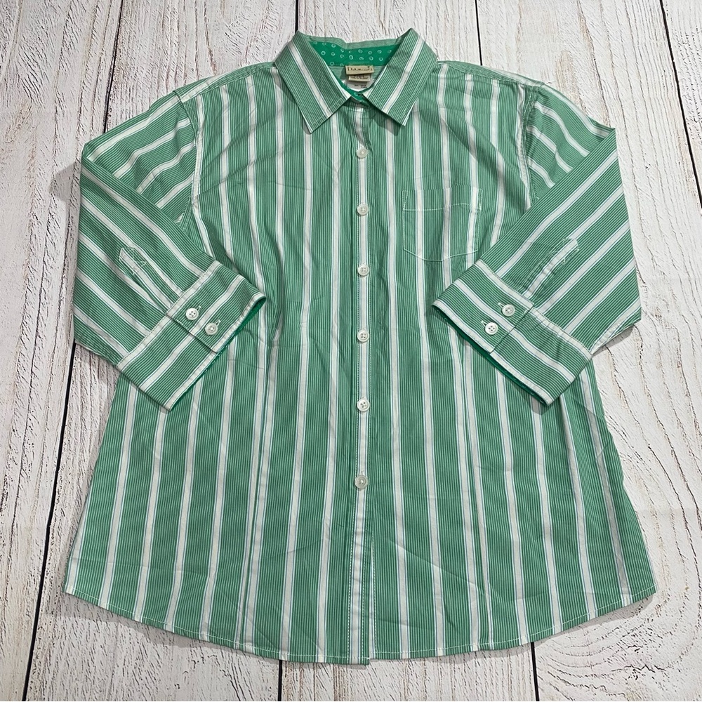 L.L. Bean Green and White Stripe Button-Down Shirt XL